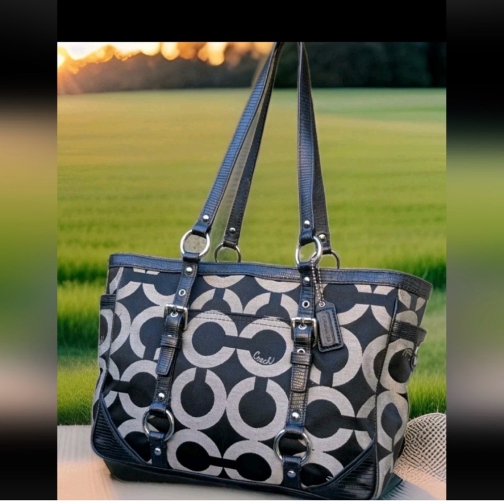 COACH Vintage GALLERY 19404 Op Art Signature LEATHER TOTE BAG SHOULDER PURSE - Picture 2 of 8
